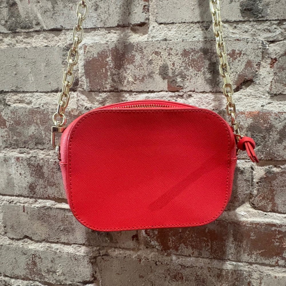 Tory Burch Emerson Red Saffiano Leather Camera Crossbody Bag Gold Chain Strap - Picture 4 of 6